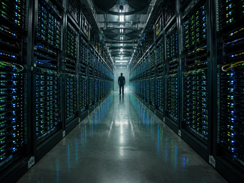 A cavernous server-room aisle shot with a wide 24mm lens from floor height, endless…