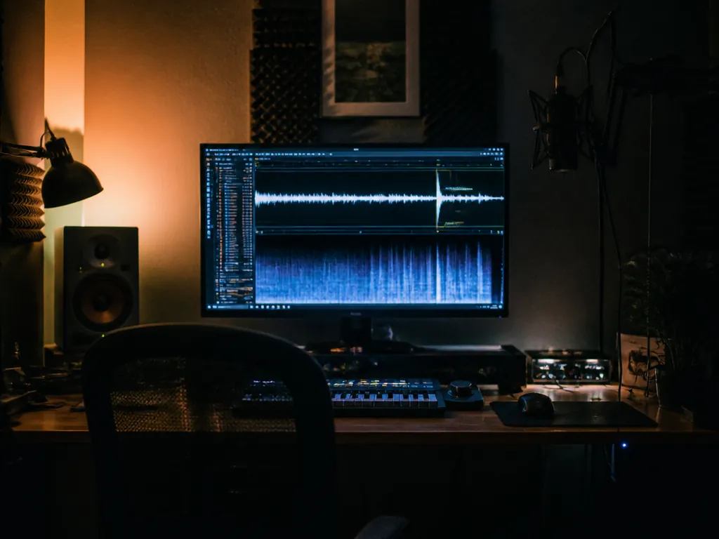 A dim home studio at night photographed at eye level from just behind an…