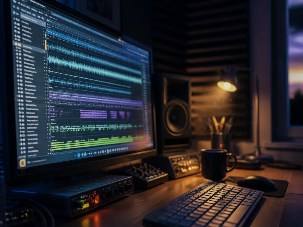 A professional photojournalistic close-up of a home studio desk at dusk, shot on a…