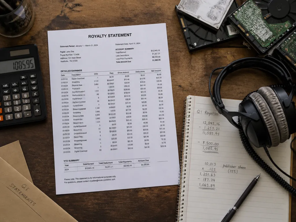 A photorealistic overhead flat-lay photograph of a cluttered desk shot from directly above under…