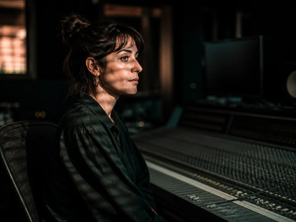 A photorealistic wide editorial portrait of a woman in her thirties seated at a…