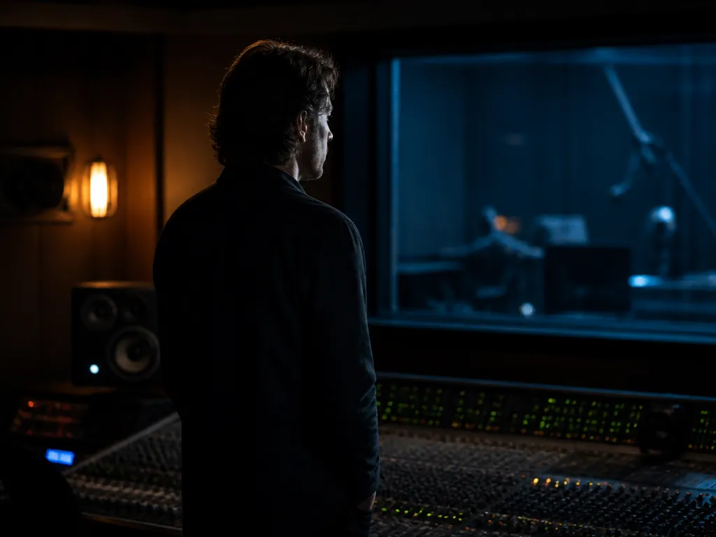 An environmental portrait photograph of a composer standing alone in a dim recording studio…