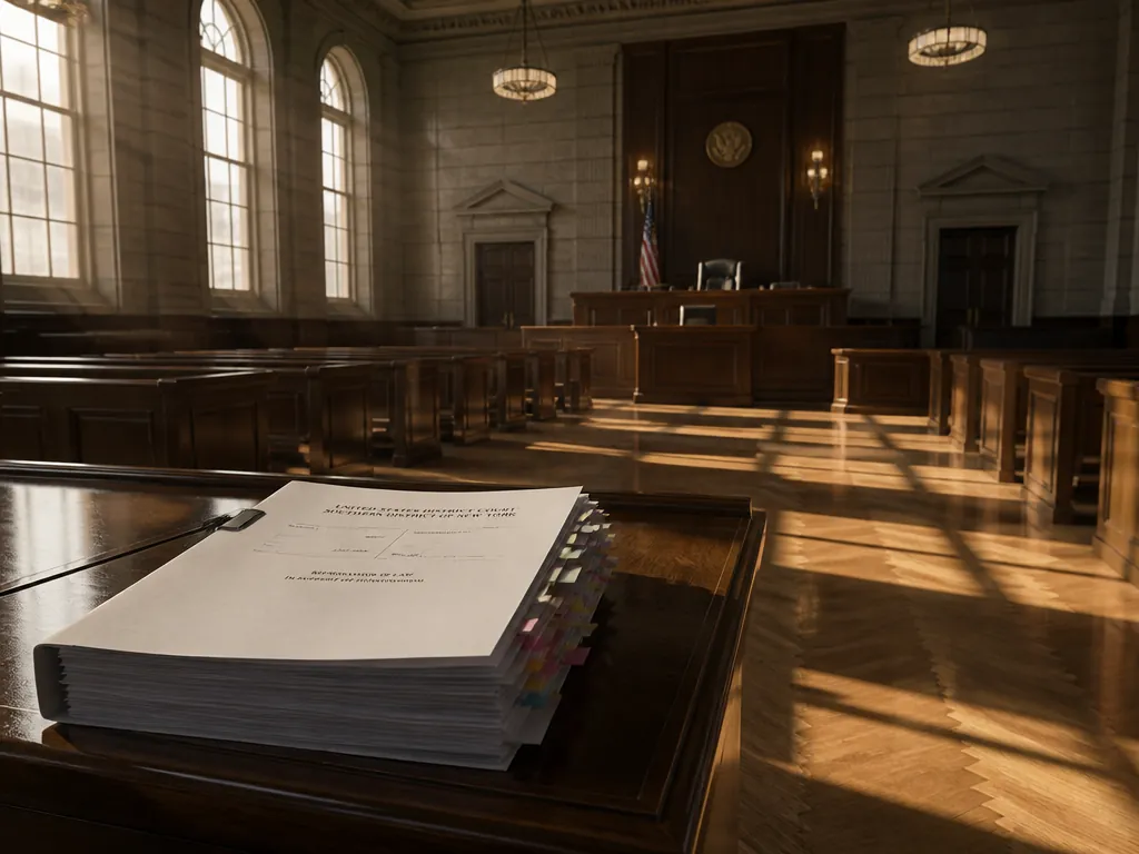 A wide, low-angle photograph of an empty federal courtroom in late afternoon, shot on…