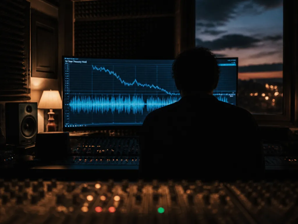 Photorealistic wide-angle photograph of a dim professional recording studio at dusk, a single sound…