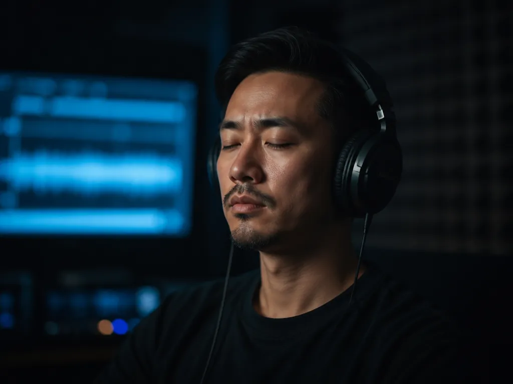 A photorealistic portrait of a person seated alone in a dim audio listening room…