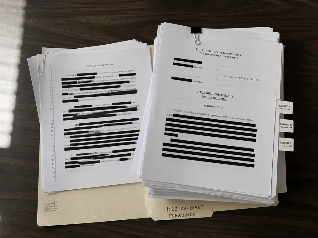 A photorealistic overhead photograph of a heavy stack of legal documents spread across a…