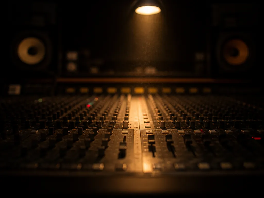 A close-up photorealistic photograph of a professional recording studio mixing console in a darkened…