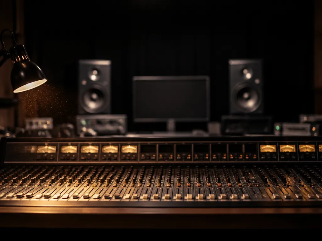 A dimly lit professional recording studio control room photographed at eye level, the mixing…