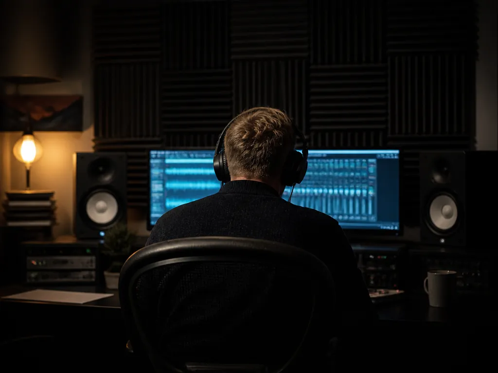 A wide environmental portrait of a lone audio engineer seated in a home studio…