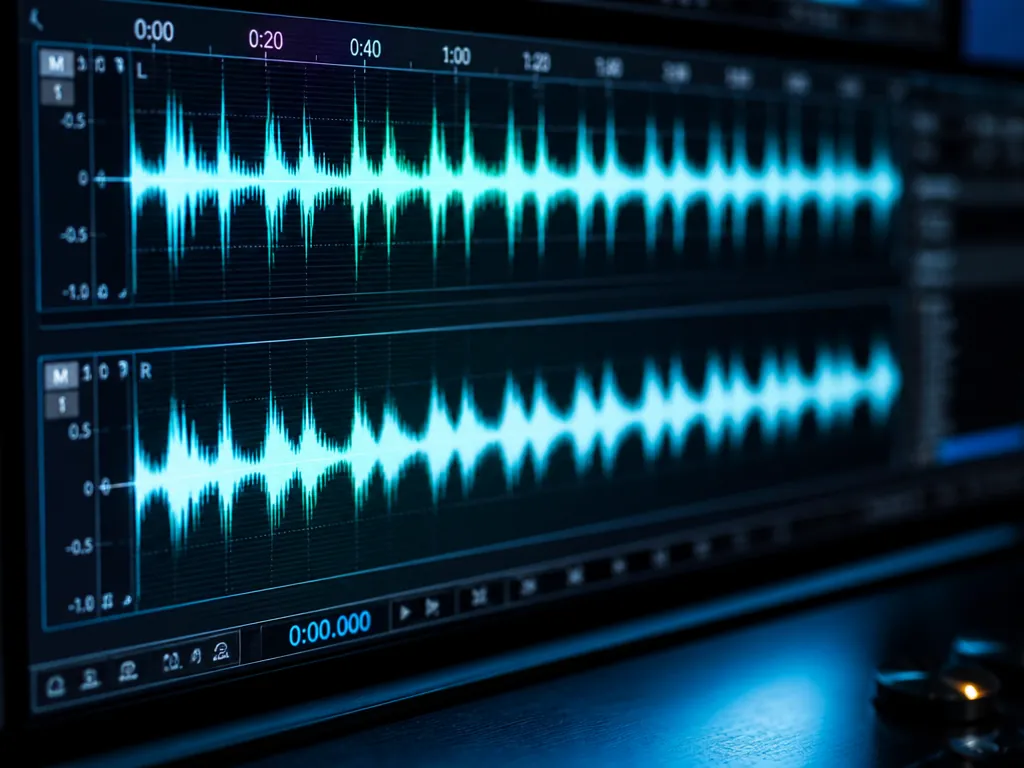 A close-up macro photograph of a studio-grade audio waveform display on a widescreen monitor…