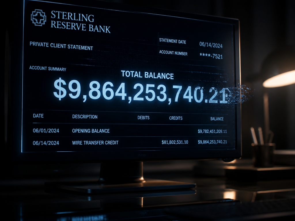 A dramatic close-up photograph of a darkened computer screen displaying a glowing fabricated bank…