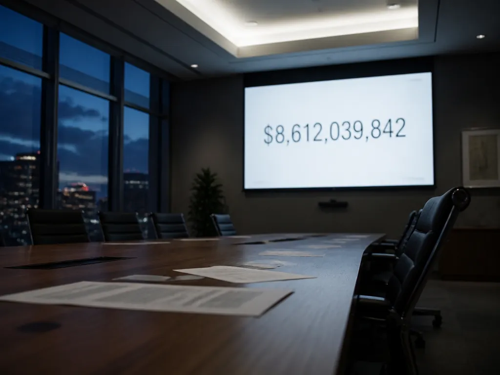 A wide, low-angle photograph of an empty conference room at dusk, dominated by a…