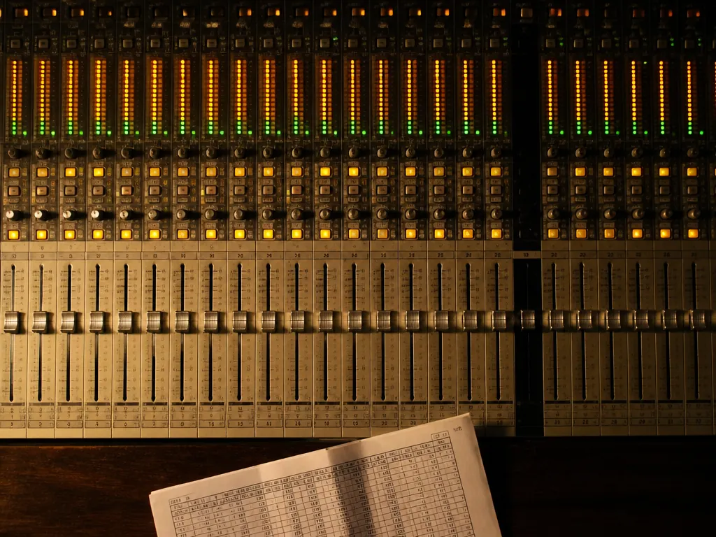 A tight overhead photograph of a recording studio mixing desk at night, hundreds of…