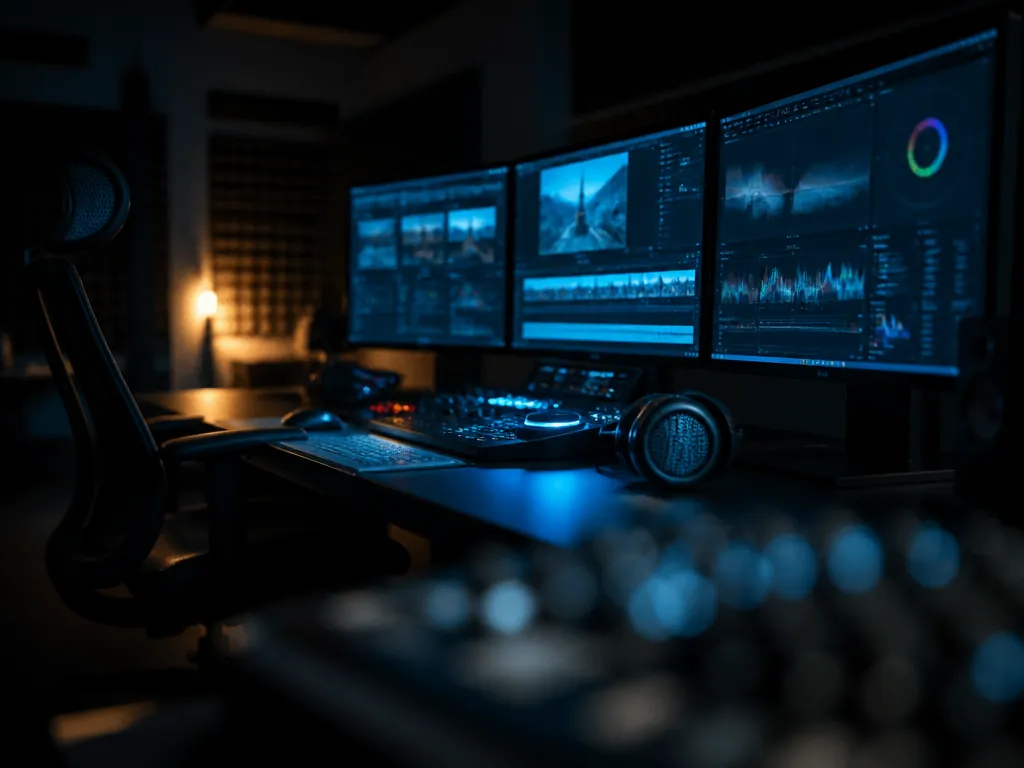 A professional editing suite at night, shot on a full-frame camera with a 35mm…