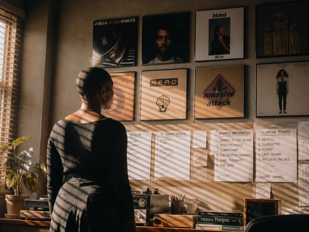 Interior of a small independent record label office in late-afternoon light, a woman in…