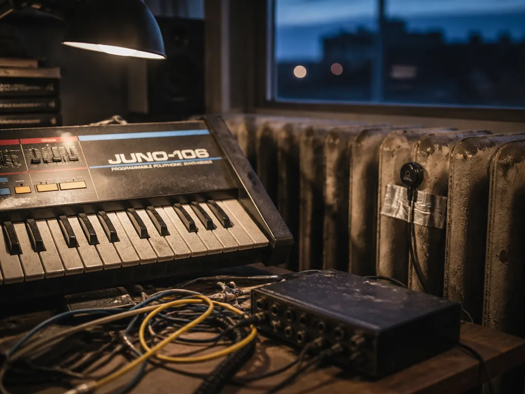 A cluttered home studio desk photographed at dusk, a vintage Juno-106 synthesizer with dust…