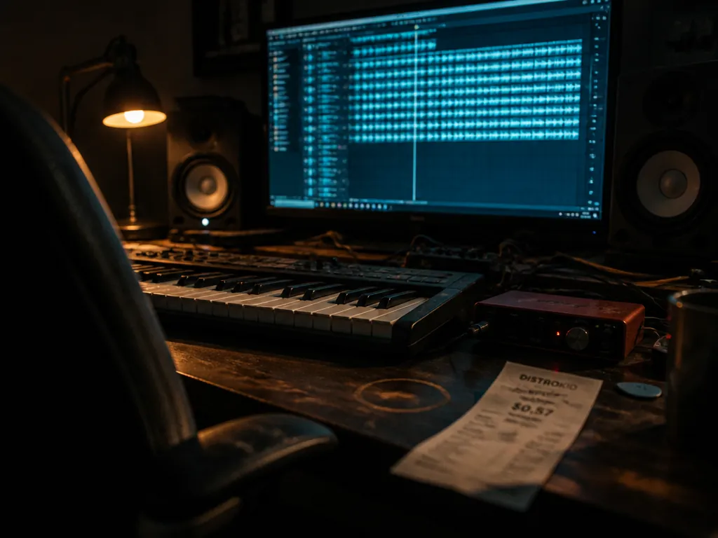A cramped home studio at 2 a.m., photographed at eye level from just behind…