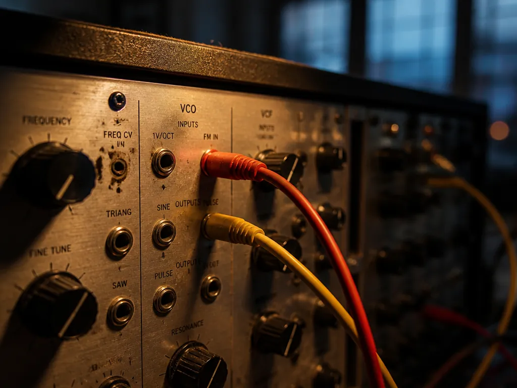 A close-up photograph of a vintage analog modular synthesizer panel in a dim studio…