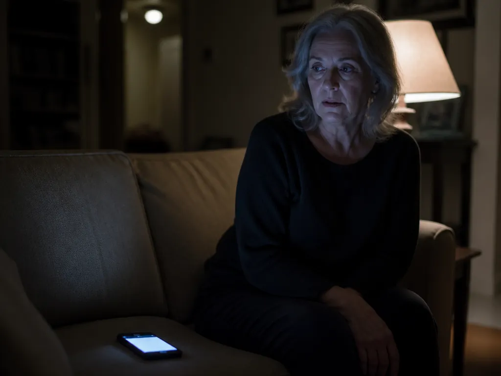 Photorealistic close-up photograph of an older woman sitting alone on the edge of a…