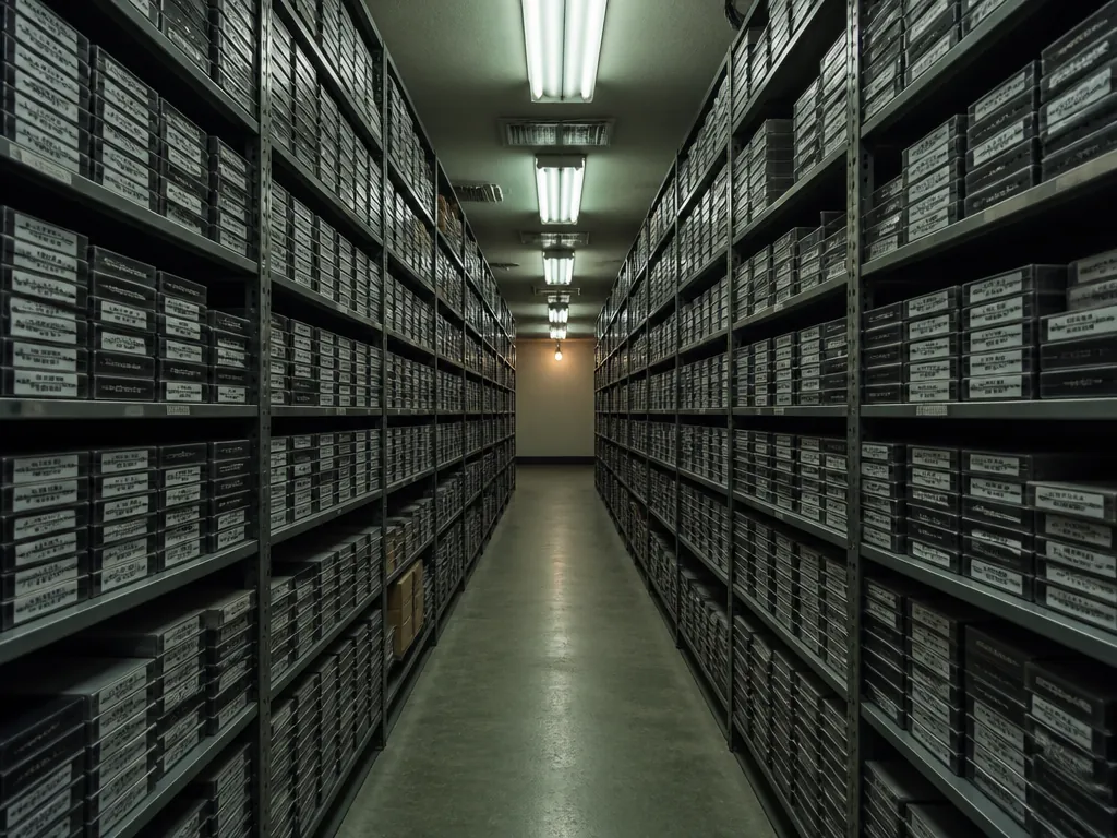 A dim archive room lined floor-to-ceiling with metal shelving holding hundreds of identical unmarked…