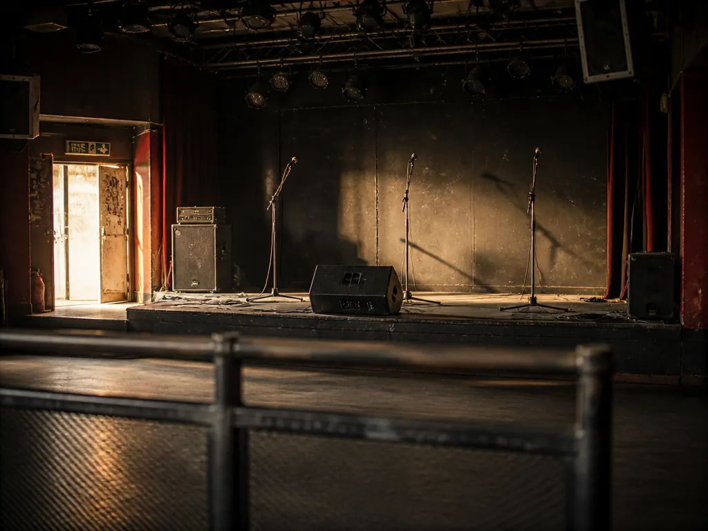 A professional documentary photograph of an empty small music venue interior in the late…