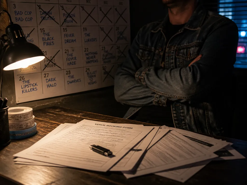 A photorealistic editorial photograph of a venue booking office at night, tightly composed on…