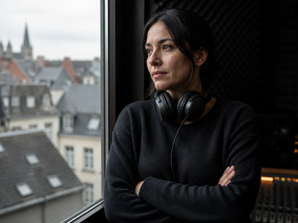 A woman in her thirties with dark hair, wearing over-ear headphones around her neck…