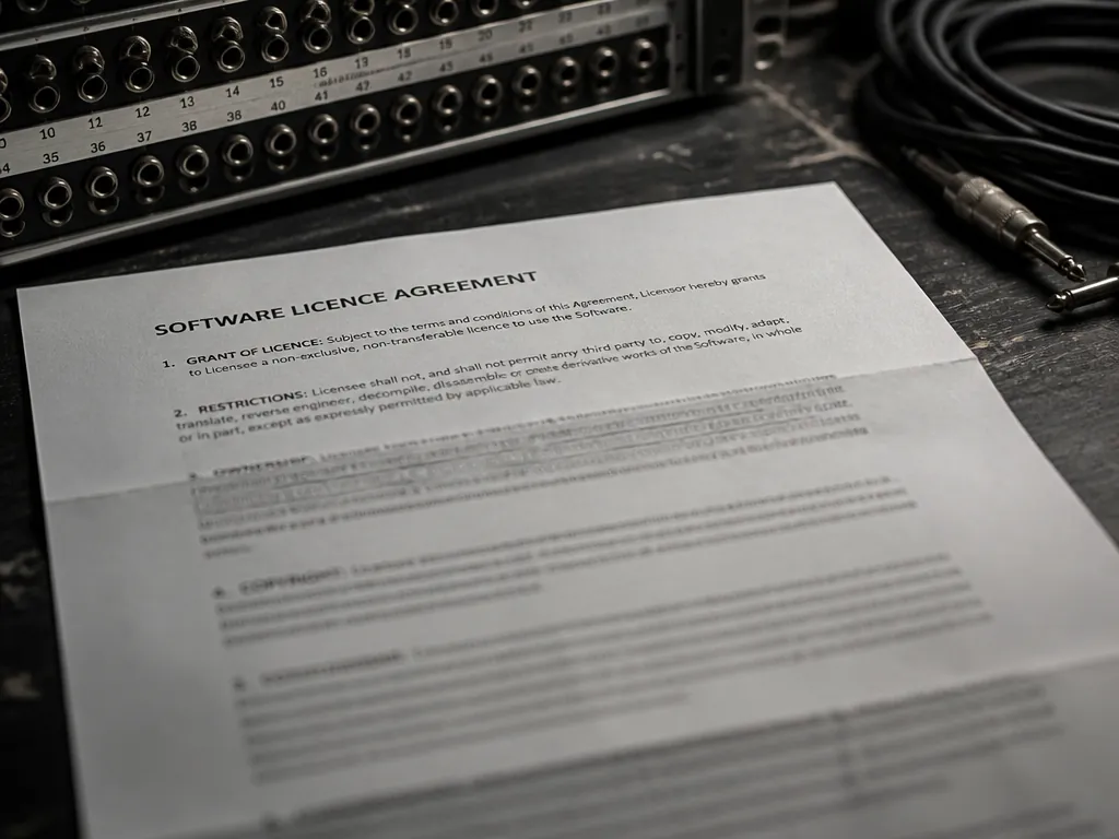 A close, shallow-focus photograph of a printed licence agreement lying on a scuffed studio…