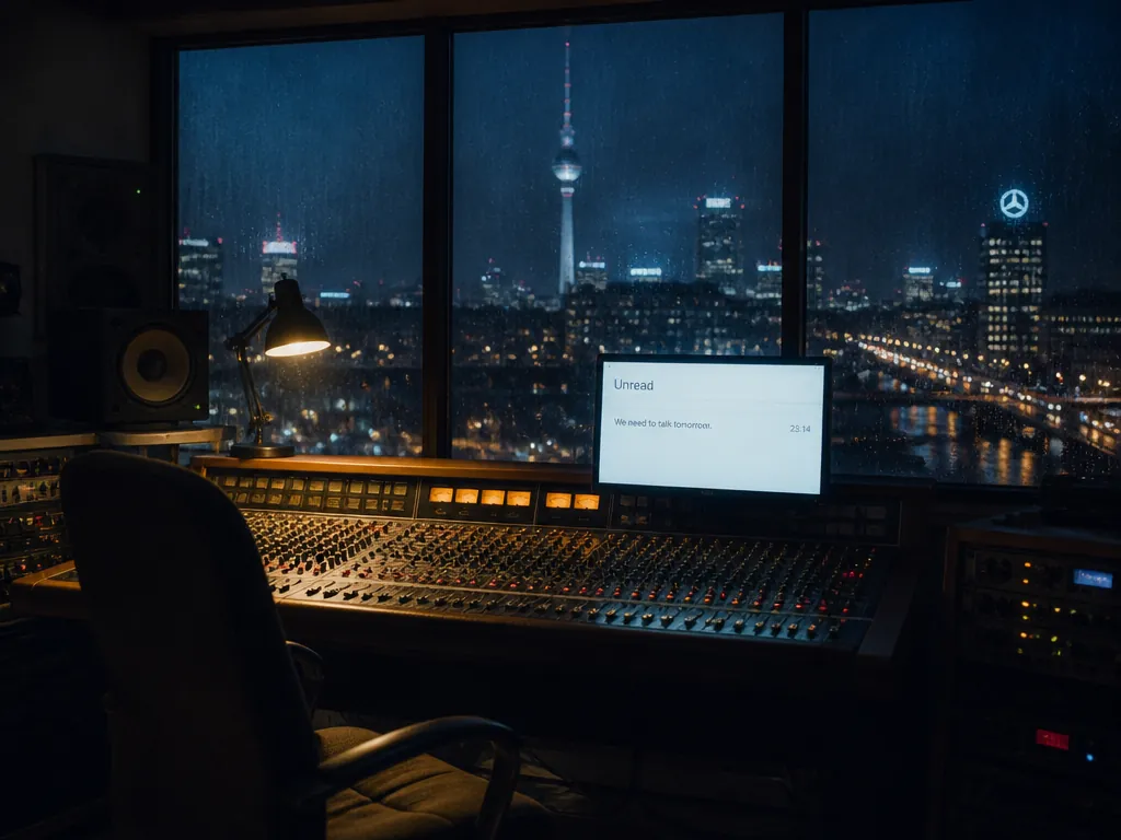 A dimly lit European studio control room at night, photographed from behind an empty…