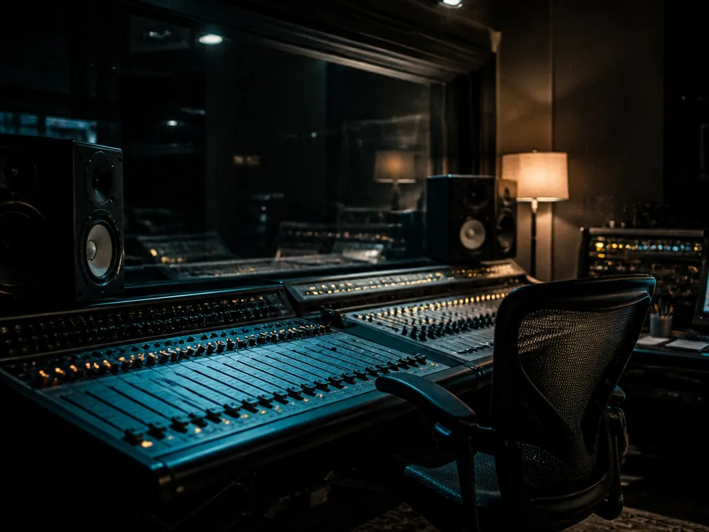 A dimly lit recording studio control room photographed at night, the frame split by…