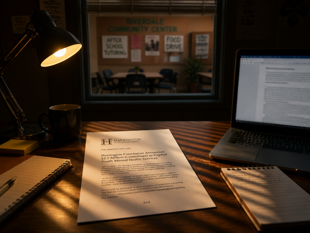 A photorealistic editorial photograph of a journalist's wooden desk in a dimly lit newsroom…