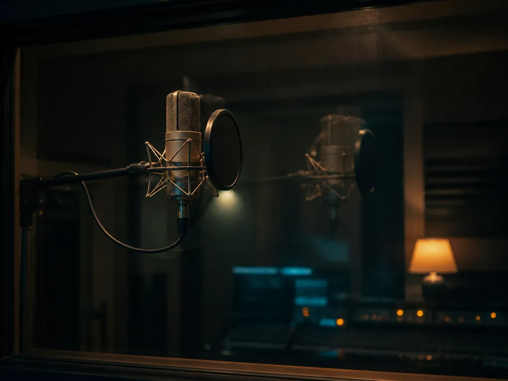 Photorealistic editorial photograph of a dimly lit home recording studio at night: an empty…