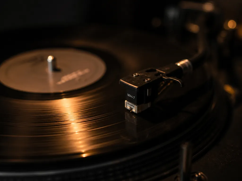 A close-up photograph of a single vinyl record spinning on a turntable in a…