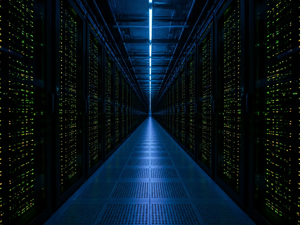 A vast data center cold aisle photographed at night, two endless rows of black…