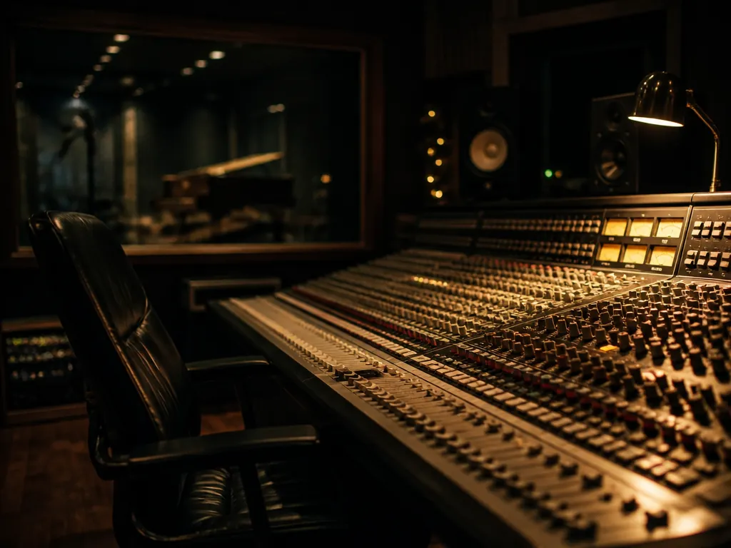 A professional recording studio control room in late-evening low light, a large mixing console…