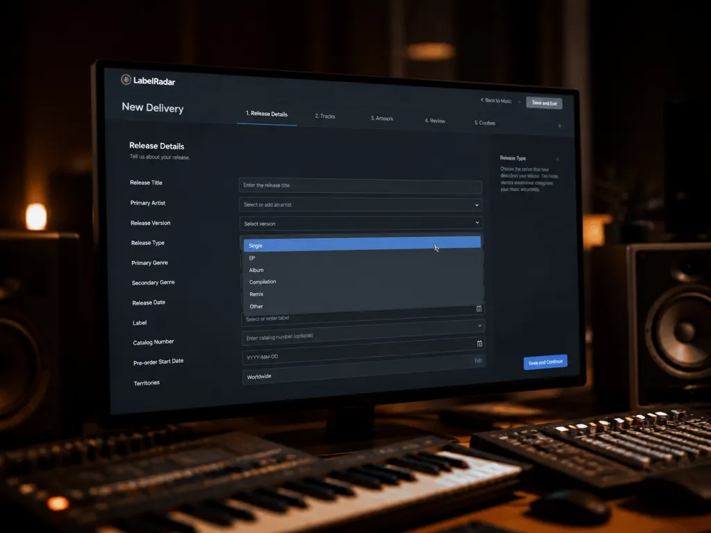 A close-up photograph of a music delivery web form displayed on a matte 27-inch…