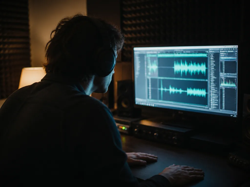 An over-the-shoulder photograph of a sound designer seated at a home studio desk, hands…