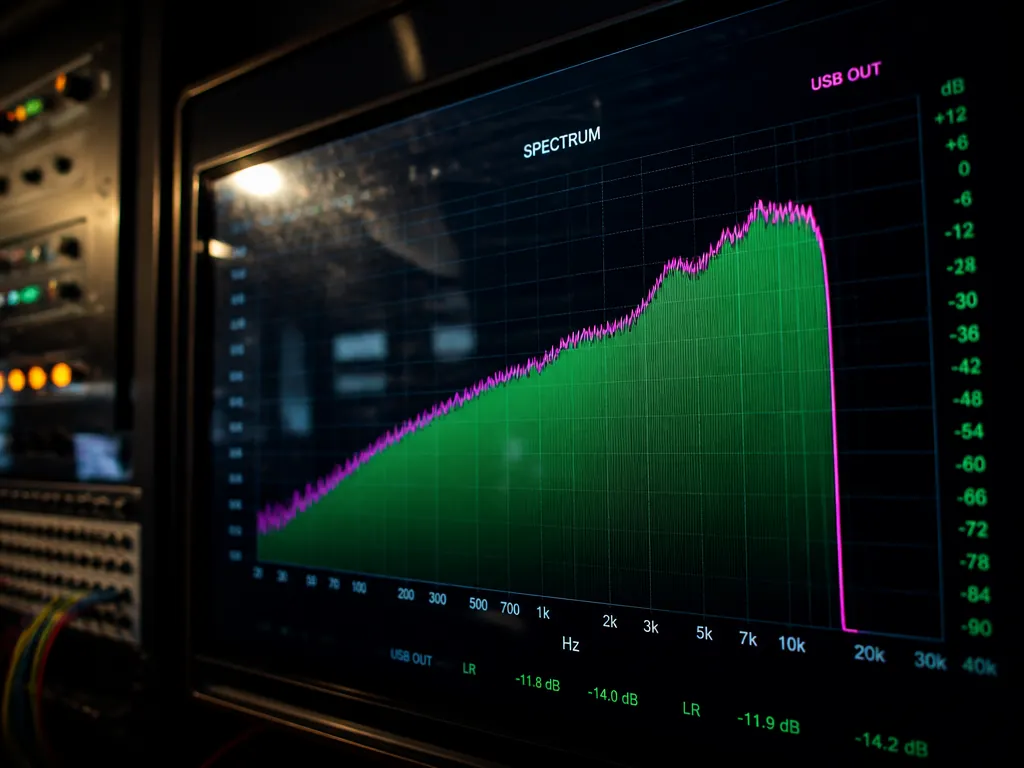 A tight photograph of an audio spectrum analyzer displayed on a calibrated studio screen…