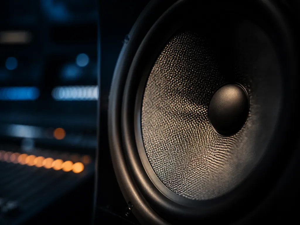A macro photograph of a studio monitor speaker cone in a dim mixing room…