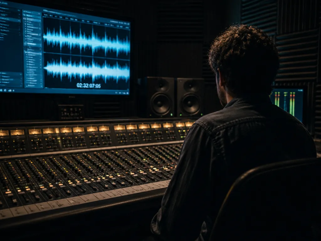 A photorealistic wide editorial photograph of a professional audio engineer seated at a broadcast…