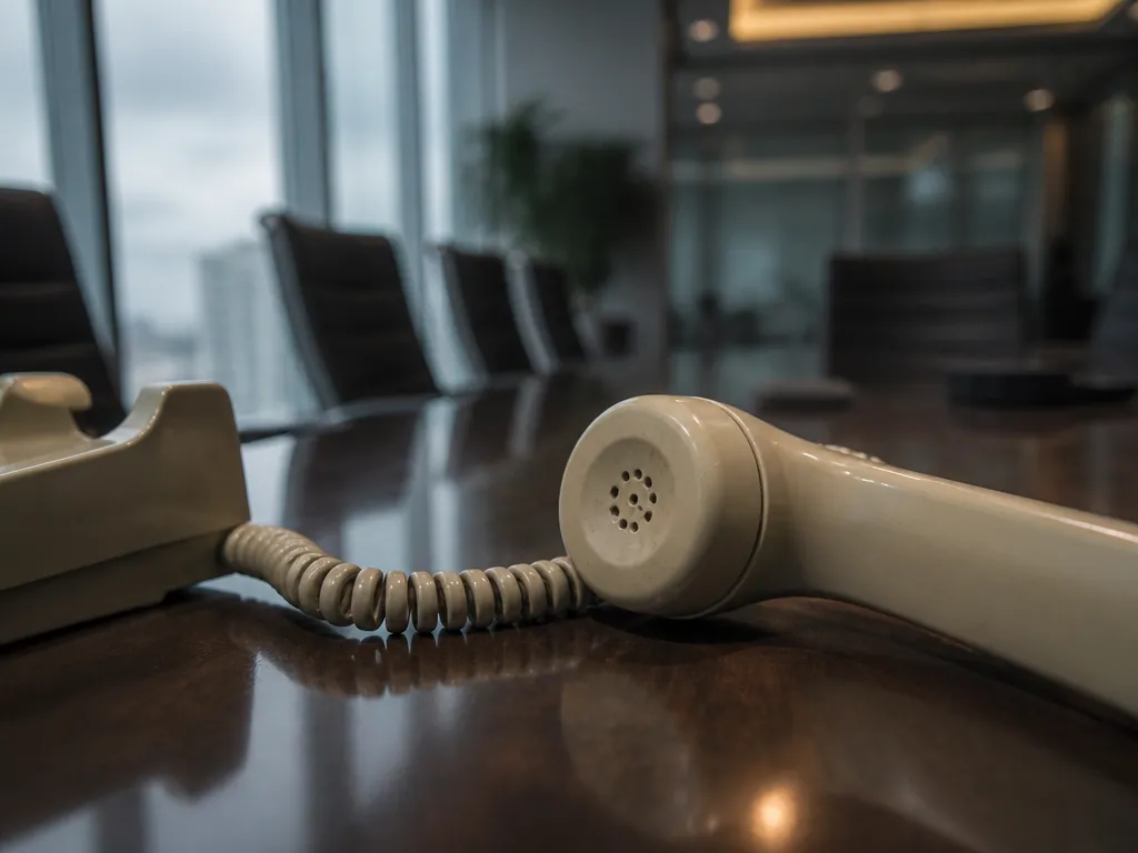 A close-up photorealistic photograph of a beige desk telephone handset resting off its cradle…
