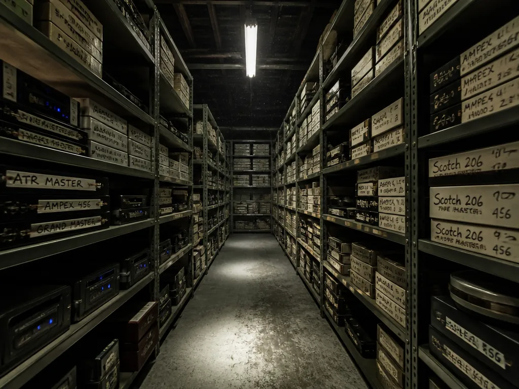 A photorealistic interior shot of a cluttered audio archive room: floor-to-ceiling metal shelving packed…