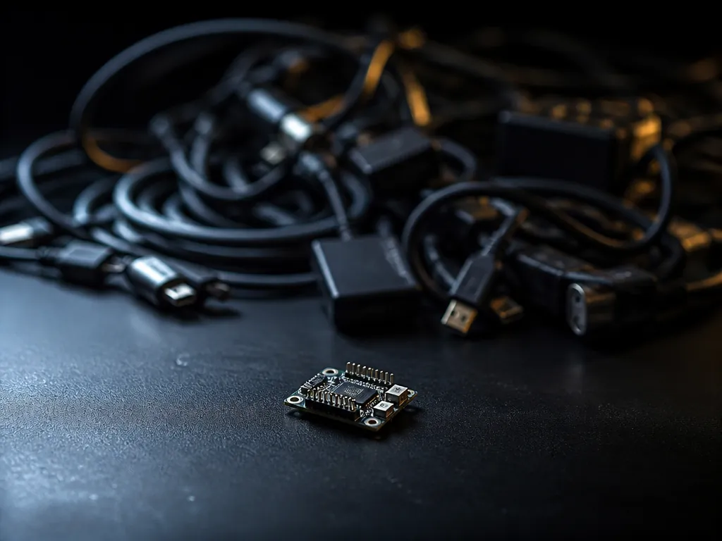 A close-up macro photograph of a tiny circuit board sitting alone on a vast…