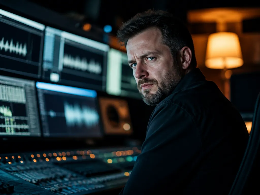 A photorealistic portrait of a sound engineer seated in a dim studio control room…