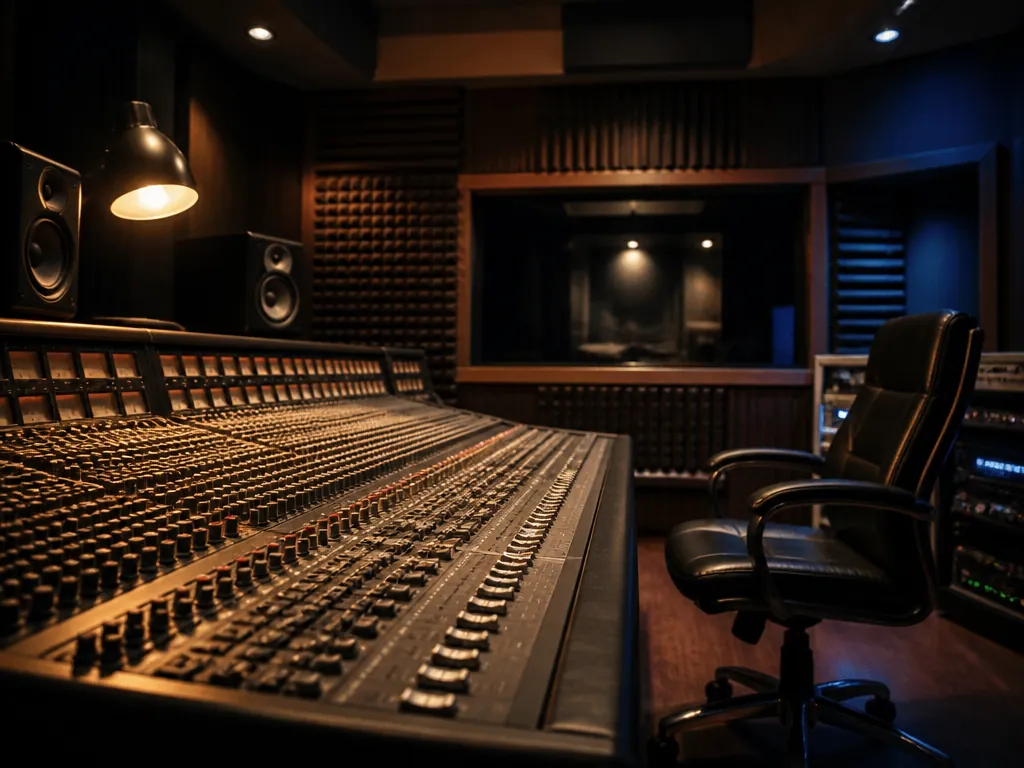 An empty professional recording studio control room shot at eye level down the length…