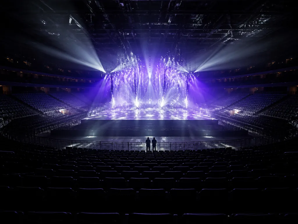 A wide arena stage photographed from the empty upper seating tier during a lighting…