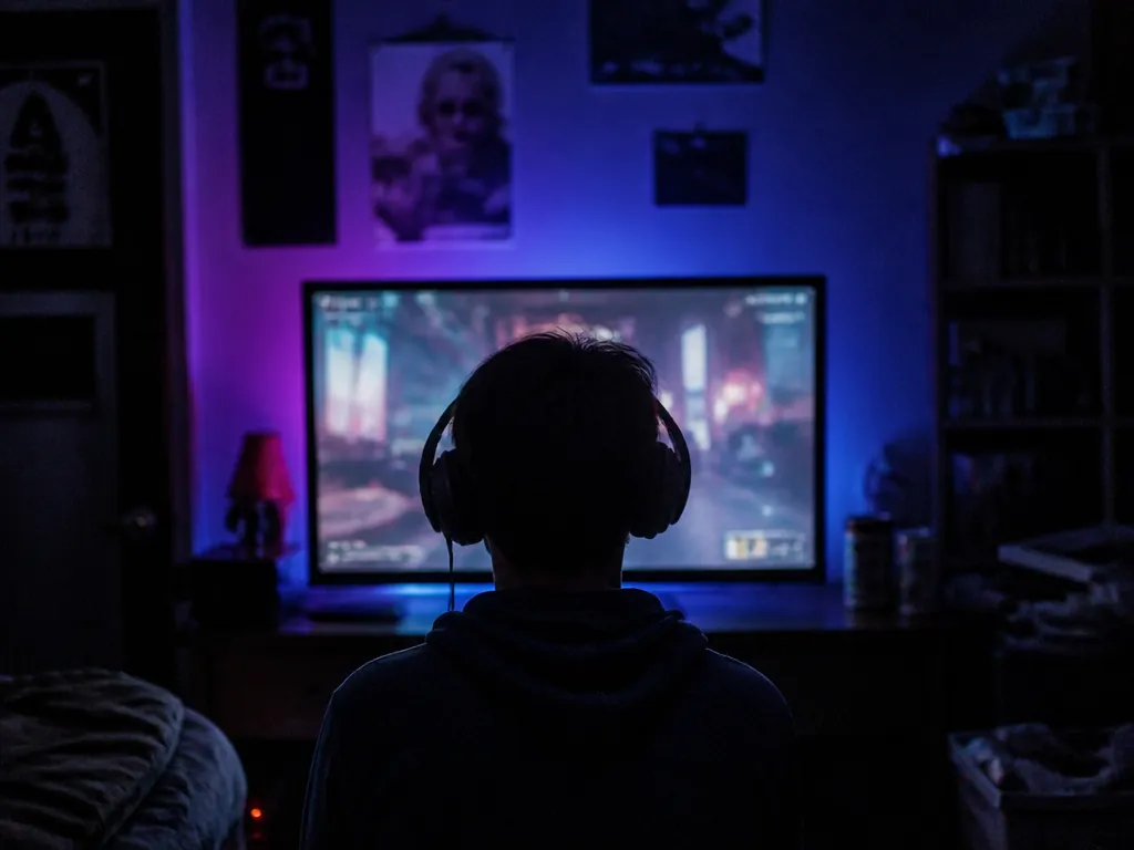 A dimly lit bedroom at night photographed from behind and slightly above a teenage…
