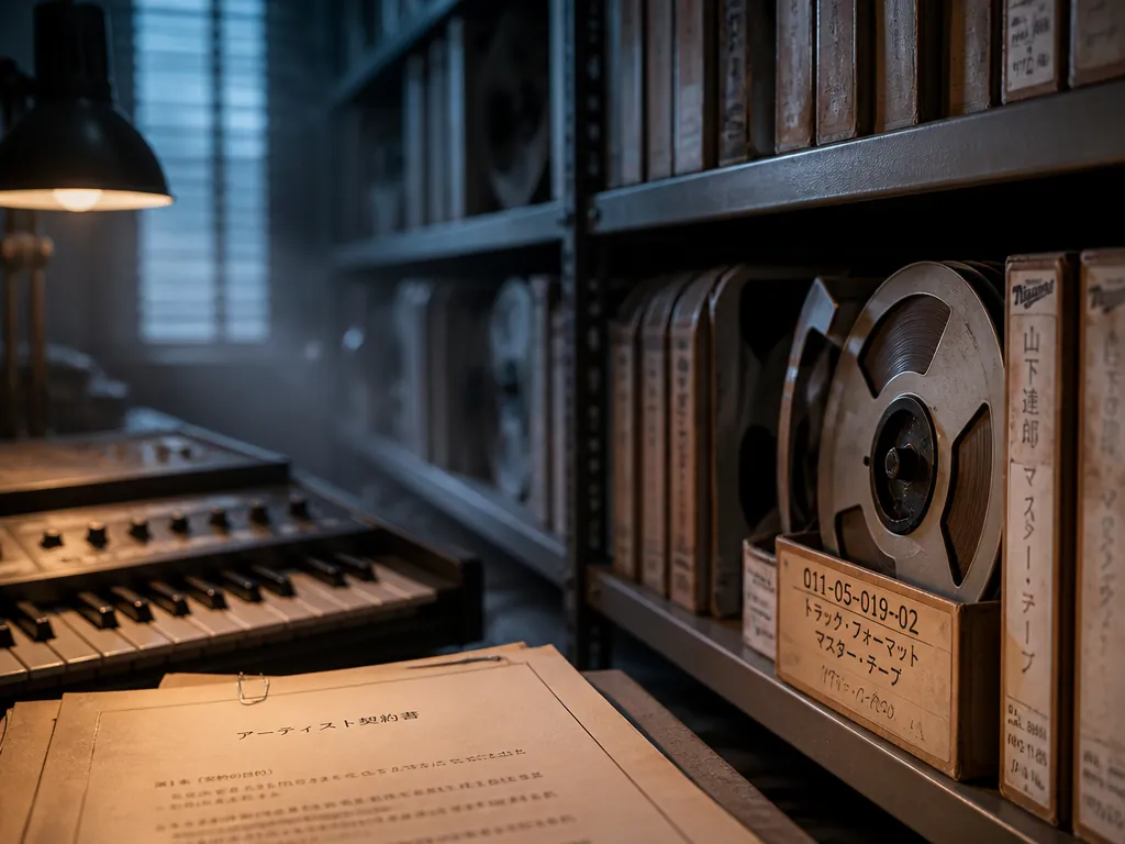 A photorealistic editorial photograph shot in a quiet archive room at dusk: a long…