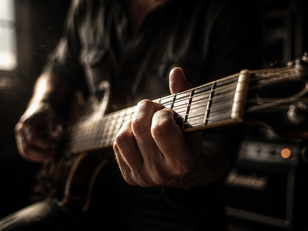 A macro photograph of a guitarist's hands on a worn fretboard in a dim…