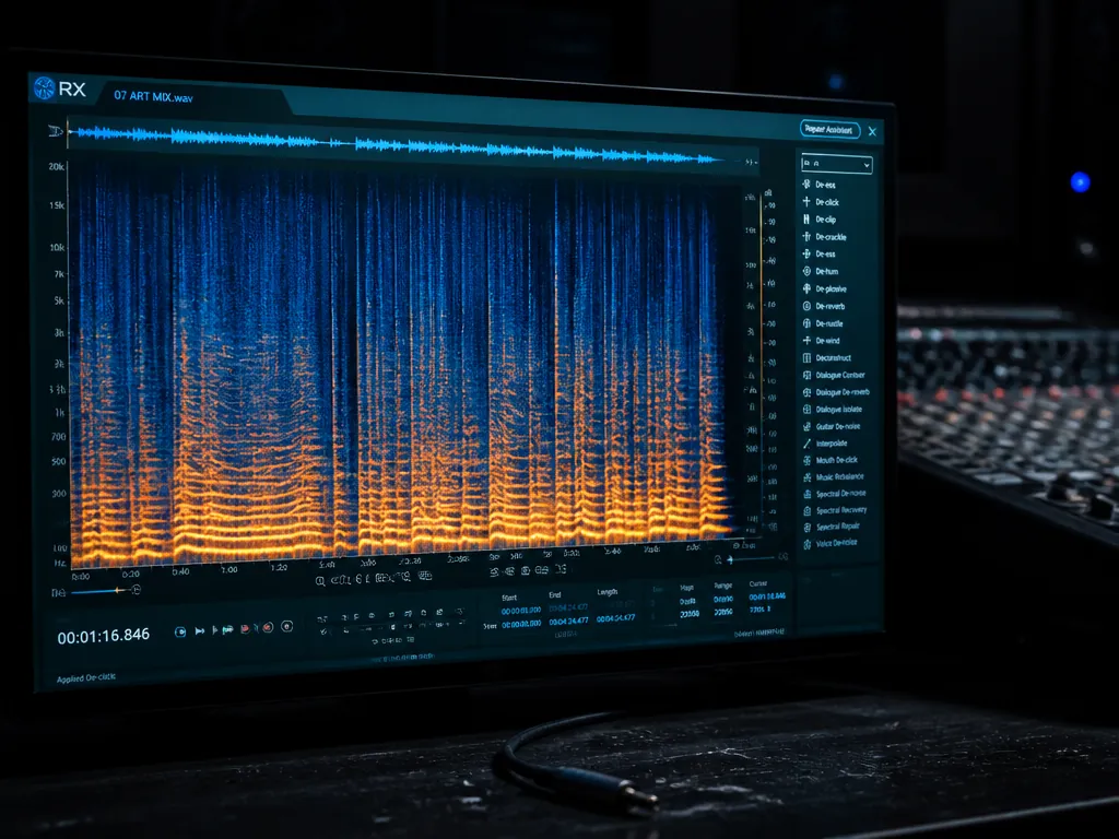 A close, straight-on photograph of a studio monitor screen filling most of the frame…
